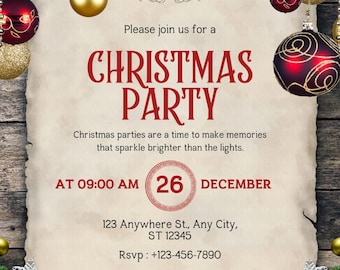 Editable Christmas Card, Festive Party Invite, Elegant White & Red Invitation Template, Digital Canva Christmas Invite Printable Christmas