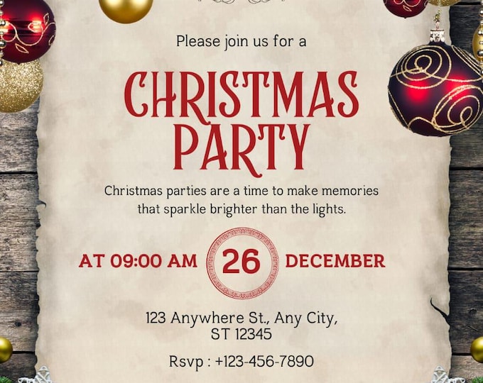 Editable Christmas Card, Festive Party Invite, Elegant White & Red Invitation Template, Digital Canva Christmas Invite Printable Christmas