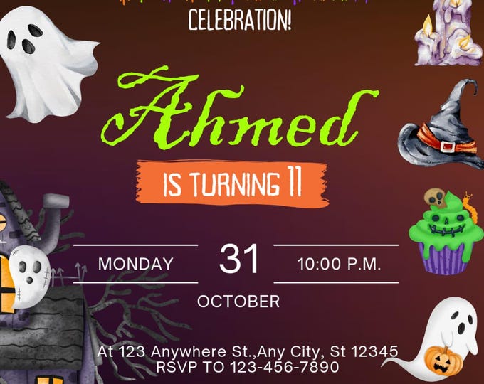 Spooktacular Party invitation, Editable Boy Birthday Invitation, Ghost Invitation, Halloween Spooky e-Vite, Party e-Card, Canva Template