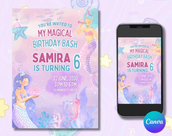 Magical Mermaid Birthday Invitation, Underwater Canva Template, Editable Mermaid Bash Party Card, Under The Sea invite, Digital e-vite