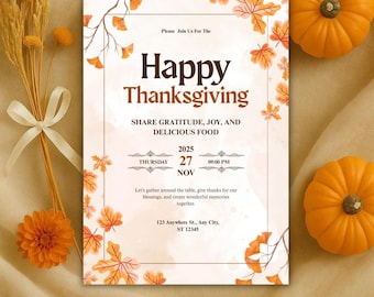 Thanksgiving Dinner Invitation Template, Editable Let's Give Thanks Invitation, Friendsgiving Invite Printable, Editable Canva Dinner Party