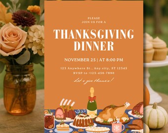 Thanksgiving Dinner Invitation Editable Canva Fall Party Invite Template | Friendsgiving Orange Festive Design Pumpkin Friendsgiving Invite