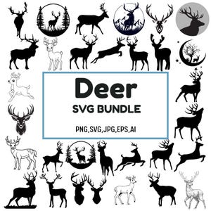 Könnte beinhalten: Eine Sammlung von SVG-Grafiken zum Thema Hirsch in verschiedenen Posen und Stilen. Die Designs umfassen Silhouetten, detaillierte Illustrationen und Szenen mit Bäumen und Bergen. Der Text "Deer SVG Bundle" wird in der Mitte angezeigt, mit Dateiformatoptionen darunter.