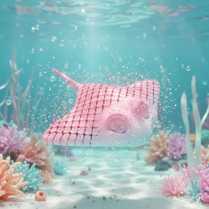 May include: A pink stingray swims underwater, surrounded by coral and bubbles. The ray has a grid-like pattern on its back and a long, pointed tail. The scene is set in a turquoise ocean with shimmering particles.