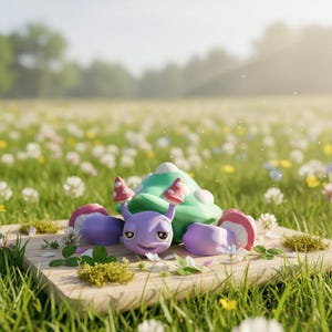 May include: A cartoon-style creature with a green, textured back and purple body parts, including a head with mushroom-shaped antennae. It sits on a wooden board surrounded by flowers and grass, in a field setting.