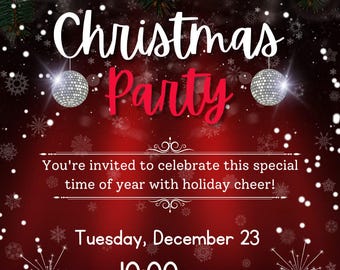 Digital Christmas Invitation, Editable Festive Party Card, White & Red Invite, Canva Template, Printable Christmas  Elegant White  Red Card