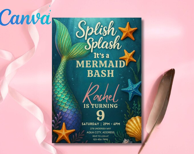 Editable Mermaid Tail Birthday Invitation Girl, Mermaid Bash Under the Sea Birthday Invite, Mermaid Party Invite, Mermaid Invitation, Canva
