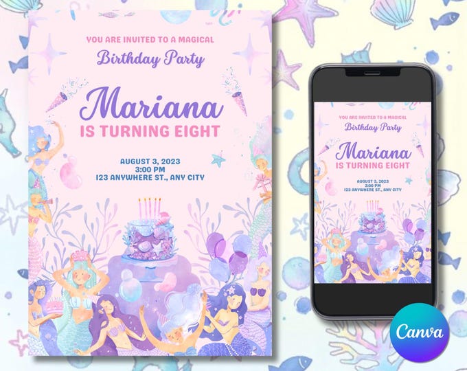 Magical Mermaid Invitation, Editable Mermaid Birthday Invitation, Magical Canva Party Card, Ocean Theme Invite, Under The Water Invite