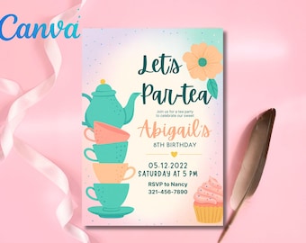 Editable Tea Party Birthday Invitation, Par-tea Invitation, Girl Par-tea Invite, Pink Gold Whimsical Tea Party, Invites, Instant Download