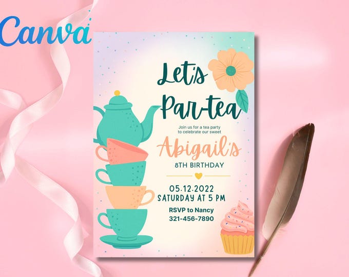 Editable Tea Party Birthday Invitation, Par-tea Invitation, Girl Par-tea Invite, Pink Gold Whimsical Tea Party, Invites, Instant Download
