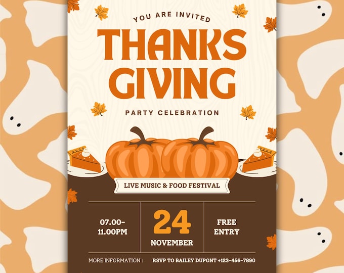 Thanksgiving Invitation Digital, Pumpkin Pie & Autumn Fall Leaves Design Invite, Editable Fall Party Friendsgiving, Dinner Invite Template