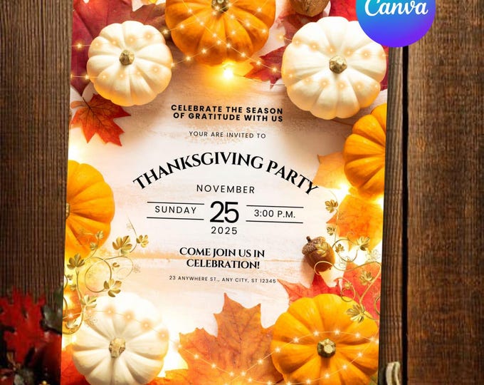 Thanksgiving Invite, Pumpkin Fall Invitation, Thanksgiving Party Invitation, Editable Autumn Celebration Template, Digital Download
