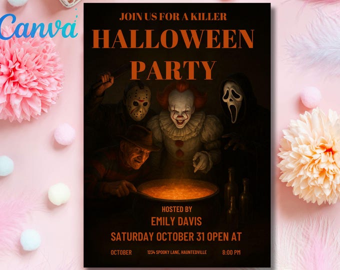 Halloween Party Invitation Template, Drunk Horror Icons Digital Invite, Funny spooky invites, Halloween House party Invitation, Adult Party