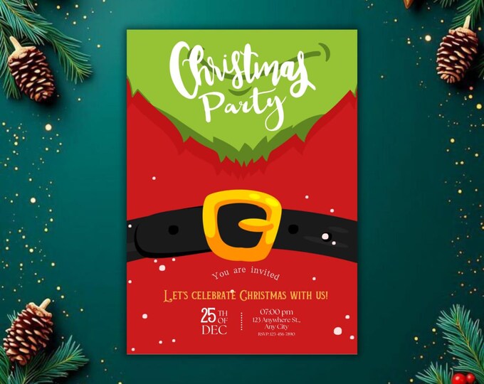 Christmas Plaid Bow Christmas Party Invitation Template for Editable Green Red Holiday Party Invite Download Collection digital invite canva