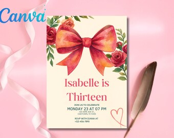 Pink Bow Coquette Bow Birthday Invitation, 13th Birthday Invitation, Teen Birthday Invite, Coquette Bow, Canva Template, Digital Download
