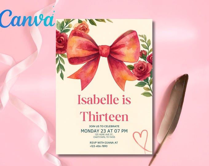 Pink Bow Coquette Bow Birthday Invitation, 13th Birthday Invitation, Teen Birthday Invite, Coquette Bow, Canva Template, Digital Download