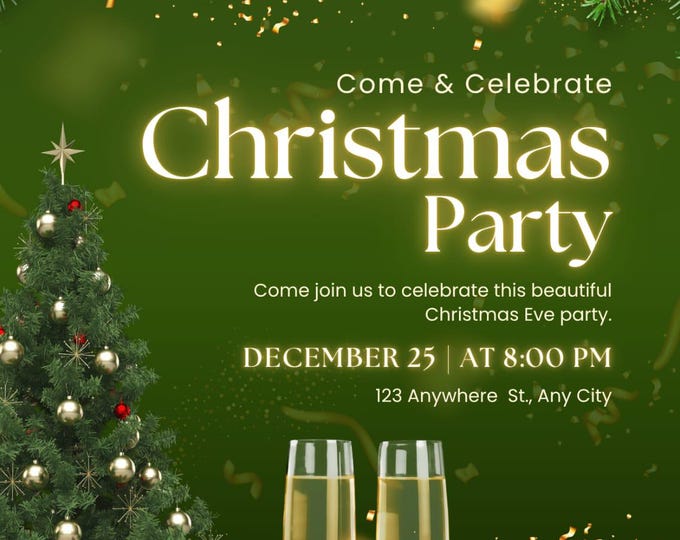 Elegant Green gold Christmas Party Invitation, Elegant Christmas Party Invite, Christmas Party Invitation, Digital Printable Canva invite