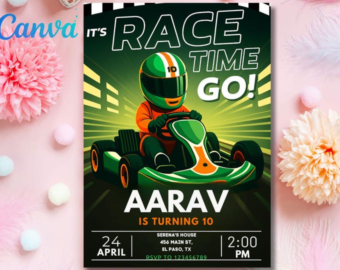 Neon Go Kart Birthday Party Invitation: Editable Canva Template (Digital Download) Go Kart Go Kart Birthday Go Kart Invitation Kart Invite