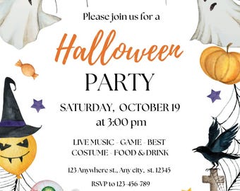 Digital Halloween Invitation, Watercolor Halloween Party Invite, Spooky Halloween Invitation Template, Pumpkin Ghost Skull Design