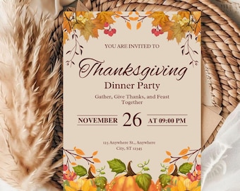 Thanksgiving Dinner Invitation, Friendsgiving Invite, Autumn Watercolor Invite, Fall Pumpkin & Sunflower Template, Digital Canva Download