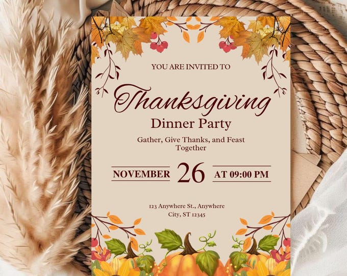 Thanksgiving Dinner Invitation, Friendsgiving Invite, Autumn Watercolor Invite, Fall Pumpkin & Sunflower Template, Digital Canva Download