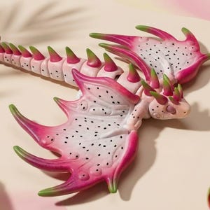 Könnte beinhalten: Eine skurrile Drachenfigur in Form einer Drachenfrucht. Die Skulptur hat einen rosa-weißen Körper mit grünen Akzenten und schwarzen Samen. Drachenfrucht-Hälften sind um die Figur herum angeordnet.