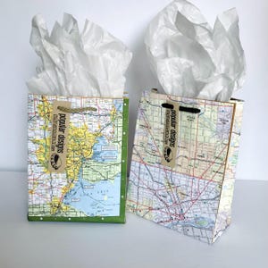 May include: Two brown paper gift bags with a map design. The bags have a green border and a brown tag with the text "popular designs" and a website address. The bags are filled with white tissue paper.
