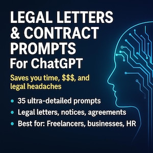 May include: A blue digital brain graphic with a yellow text overlay that reads "LEGAL LETTERS & CONTRACT PROMPTS For ChatGPT Saves you time, $$$, and legal headaches • 35 ultra-detailed prompts • Legal letters, notices, agreements • Best for: Freelancers, businesses, HR"