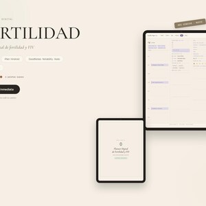 Puede incluir: Un planificador digital de fertilidad y FIV mostrado en dos tabletas. La pantalla muestra un horario diario, secciones de seguimiento y pestañas de navegación. El texto incluye FERTILIDAD, planner digital de fertilidad y FIV, Sin fechar, iPad/Android, Goodnotes, Notability, Xodo, Hiperenlazado y Descarga inmediata.