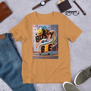 Beschäftigt wie ein Bienen-Skater-Shirt - niedliches Cartoon-Bienen-Grafik-T-Shirt - Lustige bunte Streetwear - Y2K-Ästhetik-Skateboard-T-Shirt - Geschenk für Bienenliebhaber