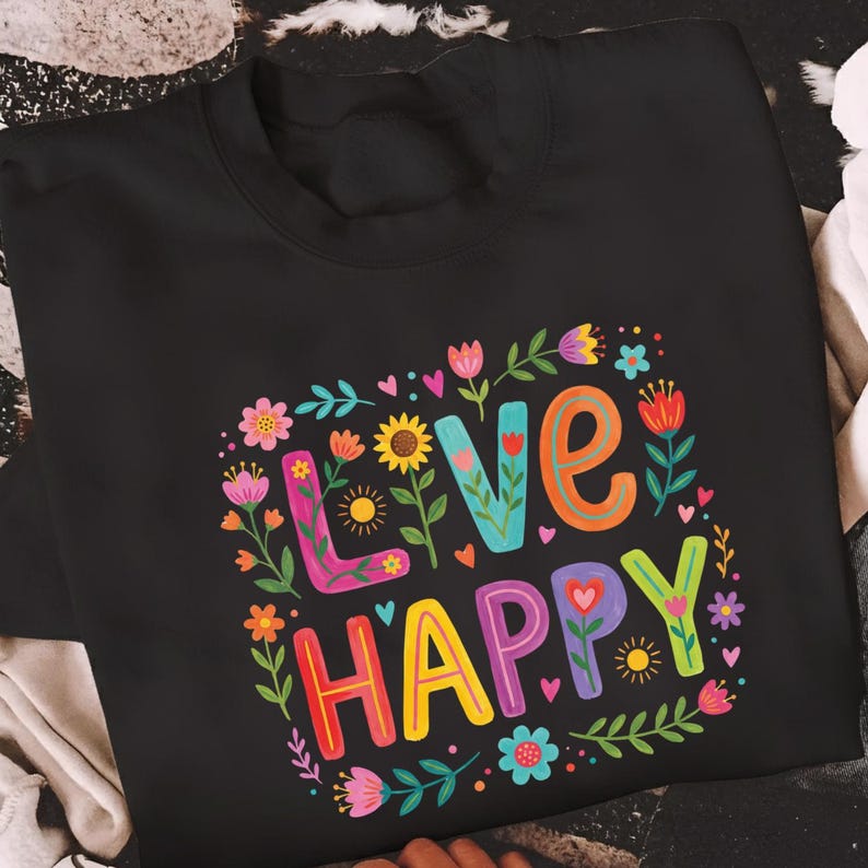 „Live Happy“ (PNG), farbenfrohes Blumenzitat-Design, inspirierende Typografie (PNG), süßes Frühlingsblumen-Shirt-Sublimationsmotiv, digitaler Download Bild 9