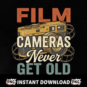 Op de afbeelding: Een vintage illustratie met een gele filmcamera en de tekst "FILM CAMERAS Never GET OLD" in verschillende lettertypen en kleuren. Het ontwerp bevat een filmstrip en staat tegen een zwarte achtergrond met golvende lijnen.