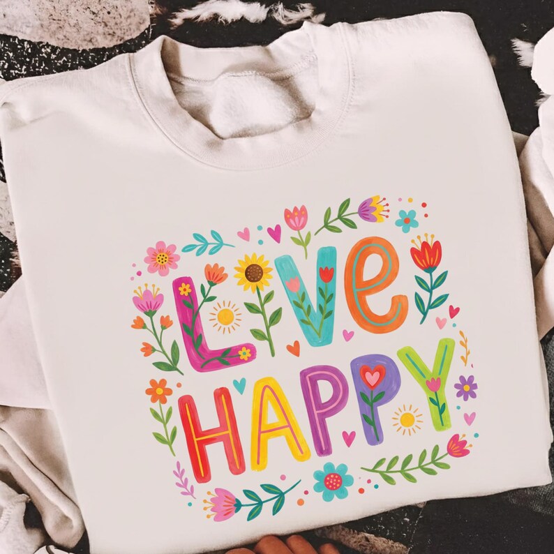 „Live Happy“ (PNG), farbenfrohes Blumenzitat-Design, inspirierende Typografie (PNG), süßes Frühlingsblumen-Shirt-Sublimationsmotiv, digitaler Download Bild 8