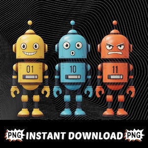 May include: Three cartoon robots in yellow, blue, and orange, each with a unique facial expression. The robots have numbers 01, 10, and 11 on their chests. The background is black with a white wavy pattern. The image includes the text "PNG INSTANT DOWNLOAD PNG".