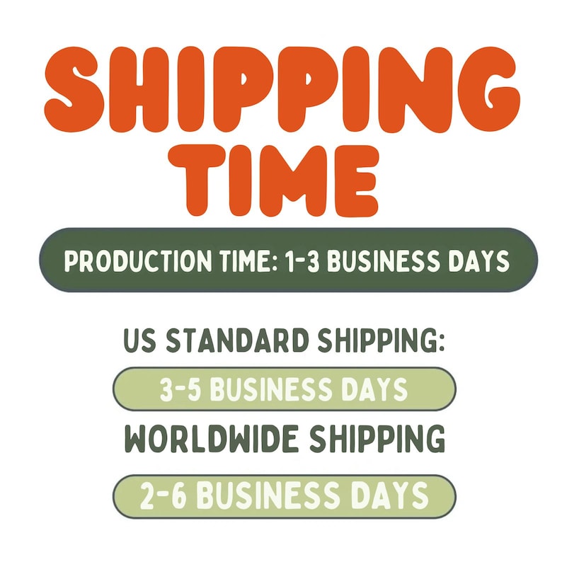 Puede incluir: Texto naranja "SHIPPING TIME" sobre una pancarta verde que indica "PRODUCTION TIME: 1-3 BUSINESS DAYS". Debajo, el texto indica "US STANDARD SHIPPING: 3-5 BUSINESS DAYS" y "WORLDWIDE SHIPPING: 2-6 BUSINESS DAYS."