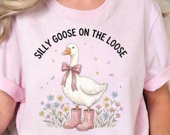 Silly Goose On The Loose, png, schattige gans digitale download, roze strikregenlaarzen dierlijk sublimatieontwerp