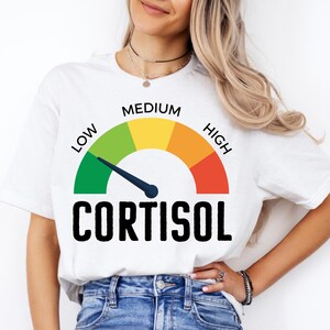 Puede incluir: Camiseta blanca con un gr&aacute;fico de un medidor de nivel de cortisol. La aguja indica un nivel bajo, con segmentos verdes, amarillos y naranjas. La palabra "CORTISOL" est&aacute; impresa en negrita negra debajo.