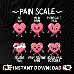 May include: A pain scale chart with six pink heart illustrations, each depicting a different level of pain. The scale ranges from "No Pain" to "Worst Pain Possible," with corresponding facial expressions and bandages. The text "PNG INSTANT DOWNLOAD PNG" is at the bottom.