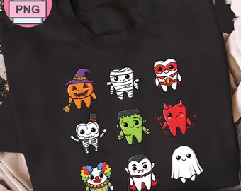 May include: Black sweatshirt featuring colorful Halloween-themed cartoon characters. The designs include a jack-o'-lantern, mummy, superhero tooth, skeleton, Frankenstein's monster, devil tooth, clown tooth, vampire tooth, and a ghost.