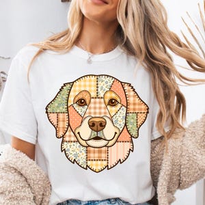 Faux Patchwork Golden Retriever Shirt, Floral Quilt Dog Tee, Cottagecore Puppy Graphic Shirt, Faux Applique Dog Lover Tee, Cute Pet Gift