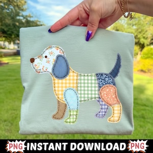 May include: A light green t-shirt featuring a patchwork dog design. The dog has a floral patterned head, blue ear, and a body composed of various colorful fabric squares. The text "PNG - INSTANT DOWNLOAD - PNG" is at the bottom.