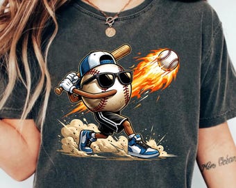 Grappige honkbalspeler png, cartoon honkbalpersonageontwerp, coole honkbalzonnebril afbeelding, sportshirt voor kinderen, digitale download