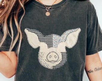 Faux patchwork varken png, gewatteerd varken sublimatie ontwerp, boerderijdier boho patchwork piggy afbeelding, afdrukbare landelijke boerderijstijl