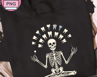 Mediteren skelet tandarts PNG, yoga skelet tanden ontwerp, grappige mondhygiënist cadeau, tandartsassistent png, tandarts student kunst
