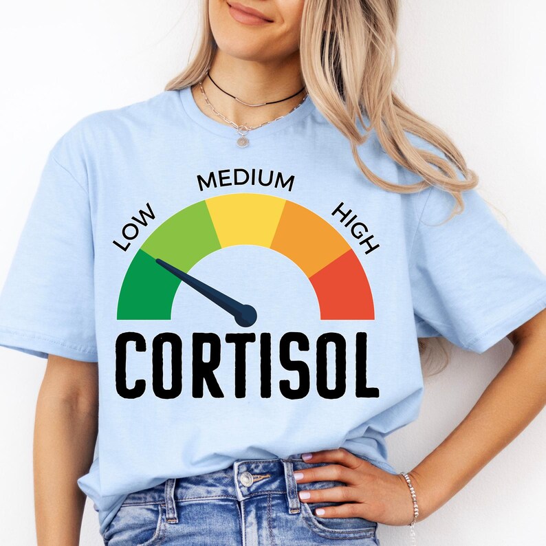 Puede incluir: Camiseta azul claro con un indicador de nivel de cortisol. El indicador muestra niveles de verde (bajo) a rojo (alto), con la palabra "CORTISOL" en negro debajo. La aguja apunta hacia el verde.