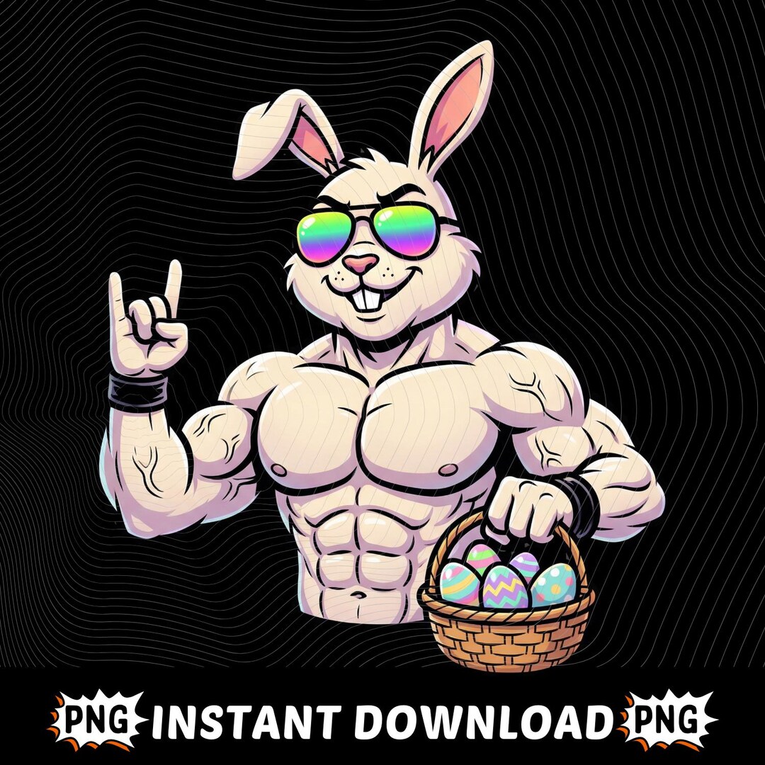 Muscular Easter Bunny PNG, Buff Bunny With Sunglasses and Basket, Funny ...