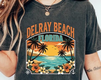 Delray Beach, Florida, png, retro zomervakantie sublimatieontwerp, vintage shirt met tropische zonsondergang, grafisch, strand bloemen palmboom afdrukbaar