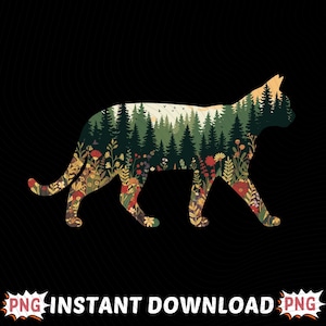 Pode incluir: Silhueta preta de um gato a andar, preenchida com um design de floresta e floral. O corpo do gato é uma tela de árvores verdes, flores coloridas e folhagem. A imagem tem o texto "PNG INSTANT DOWNLOAD PNG" na parte inferior.