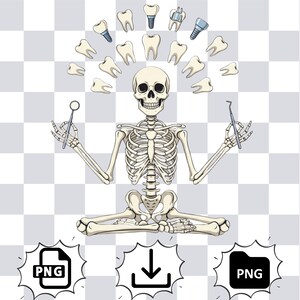 May include: An illustration of a skeleton in a seated yoga pose, holding dental tools. A halo of teeth and dental implants surrounds the skull. The image has a transparent background with PNG file icons at the bottom.