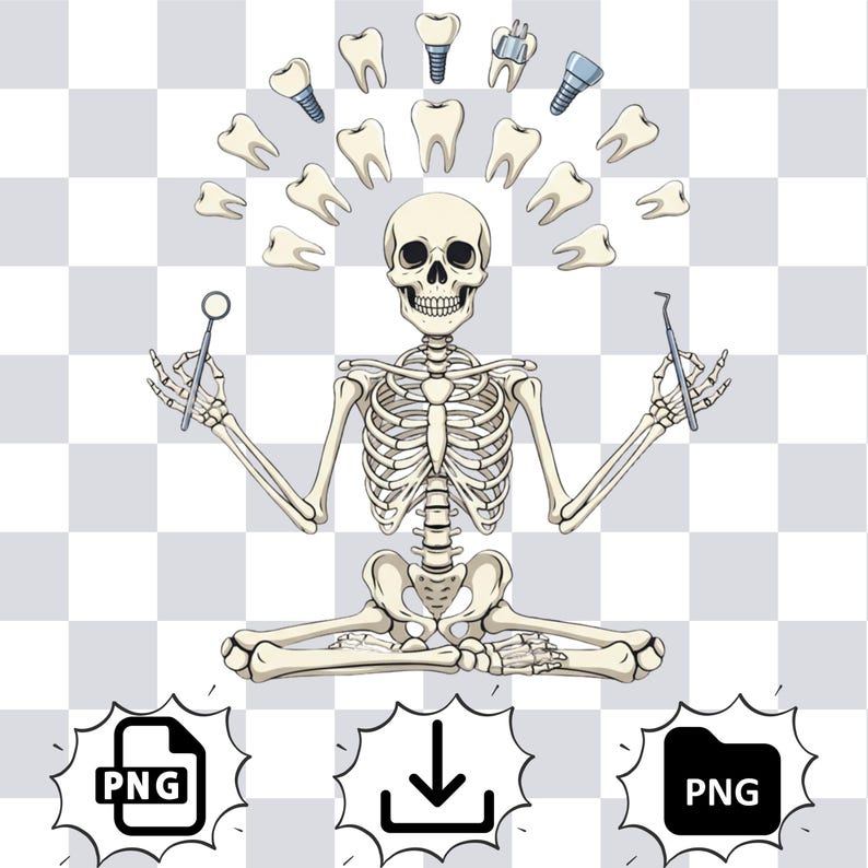 May include: An illustration of a skeleton in a seated yoga pose, holding dental tools. A halo of teeth and dental implants surrounds the skull. The image has a transparent background with PNG file icons at the bottom.